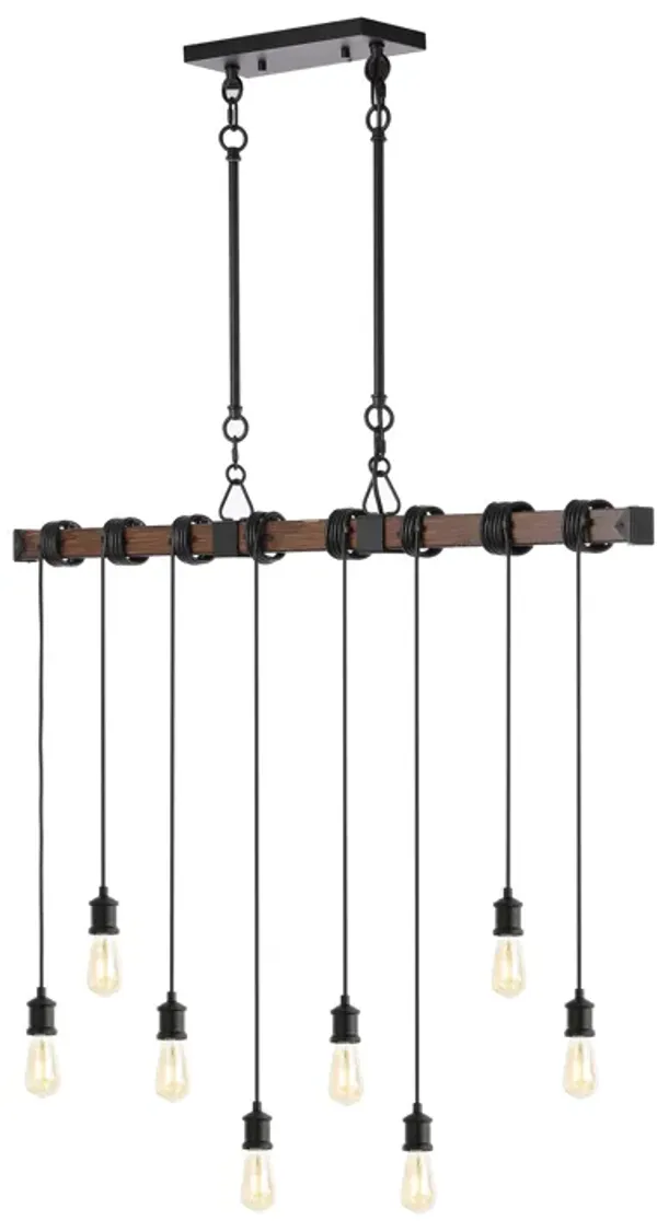 Rhys 8-Light Vintage Industrial Driftwood Iron LED Linear Chandelier with Height Adjustable Bulbs