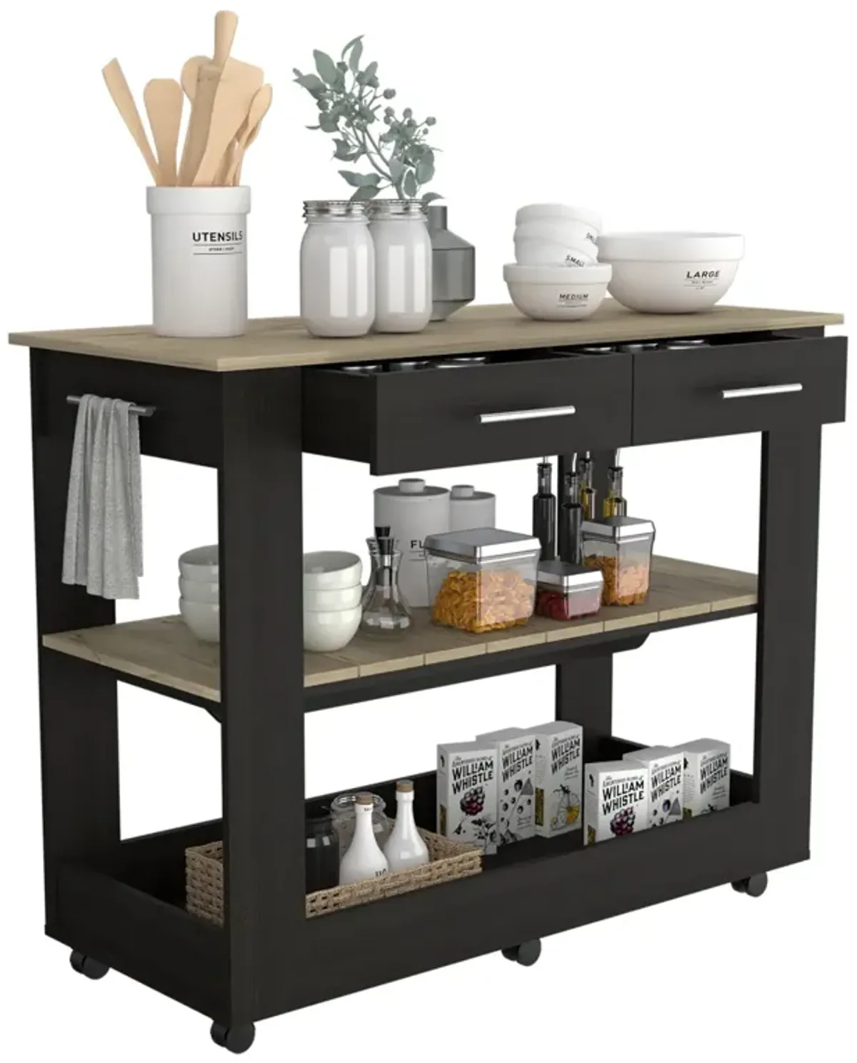 Cala Kitchen Island 46, Six Casters, Two Drawers, Lower Open Shelf - Black Light Oak