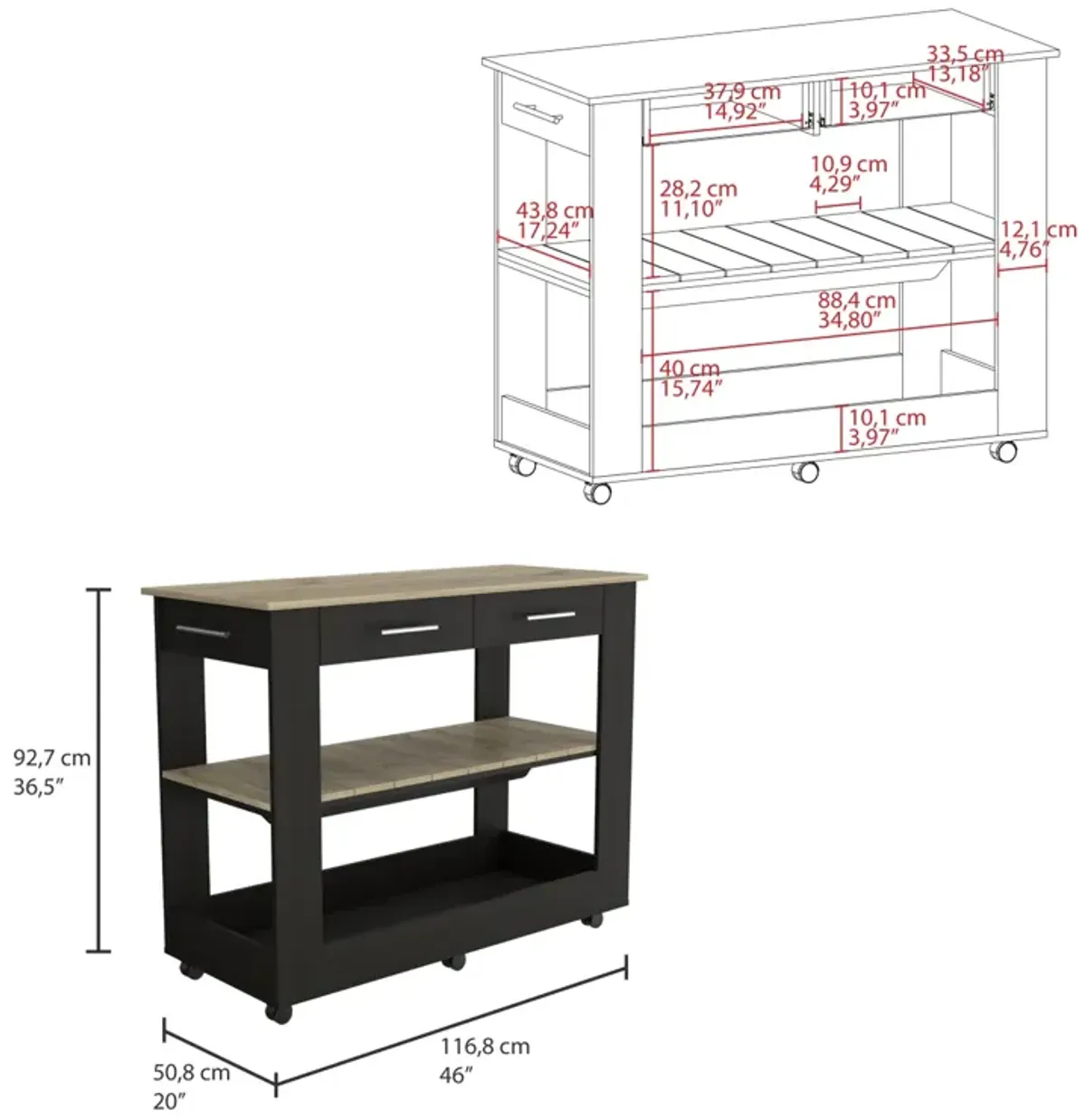 Cala Kitchen Island 46, Six Casters, Two Drawers, Lower Open Shelf - Black Light Oak