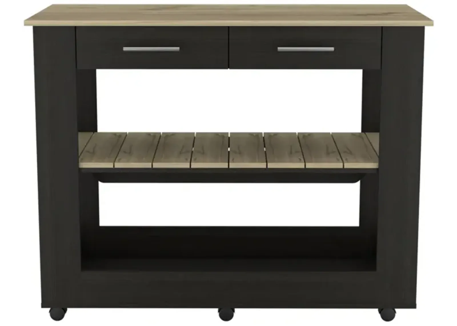 Cala Kitchen Island 46, Six Casters, Two Drawers, Lower Open Shelf - Black Light Oak