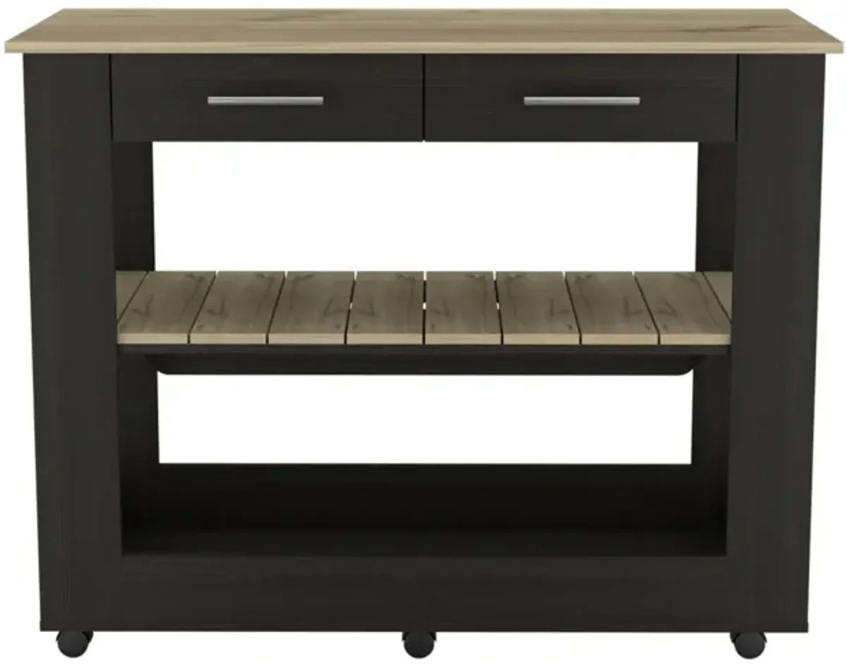 Cala Kitchen Island 46, Six Casters, Two Drawers, Lower Open Shelf - Black Light Oak