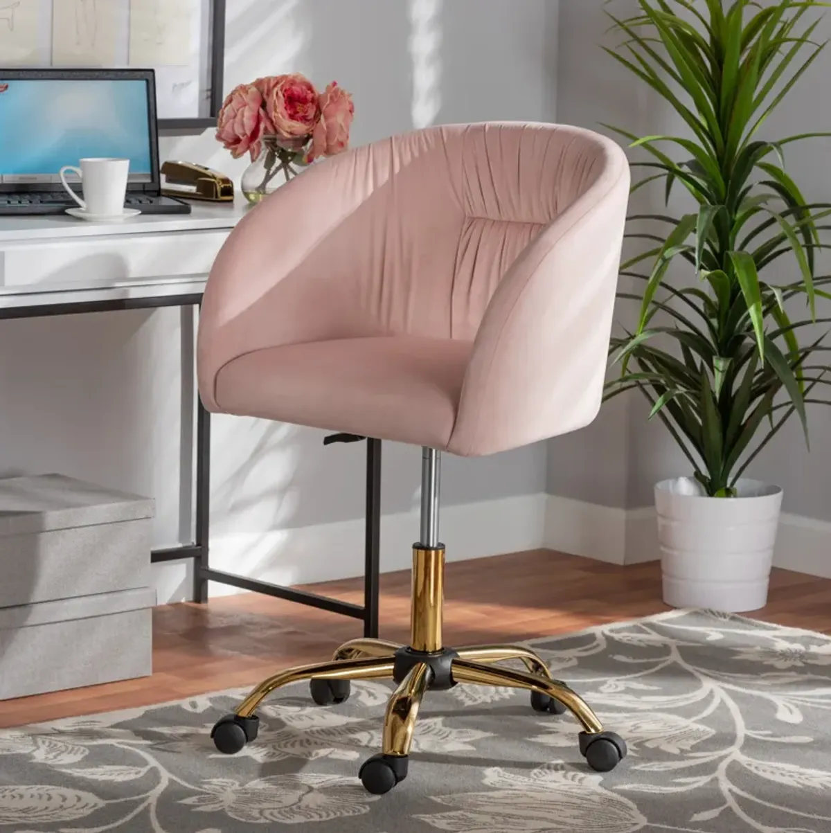 Baxton Studio Ravenna and Luxe Blush Pink Velvet Fabric and Gold Metal Swivel Office Chair