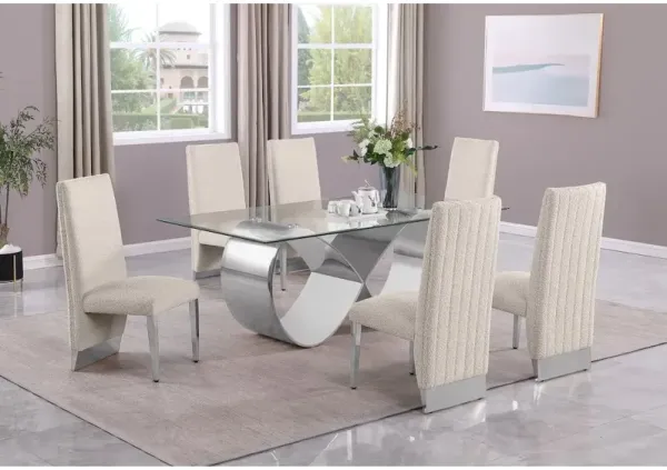 Best Quality Furniture 7Pc Tempered Glass Dining Set With 6 Cream Boucle Side Chairs And A Silver Base