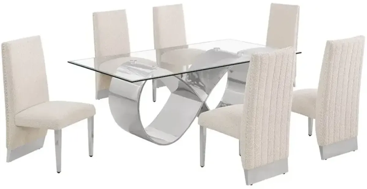 Best Quality Furniture 7Pc Tempered Glass Dining Set With 6 Cream Boucle Side Chairs And A Silver Base