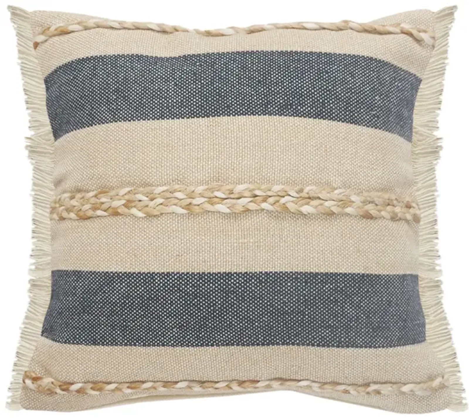 24" Blue and Tan Striped Square Throw Pillow with Jute Braiding