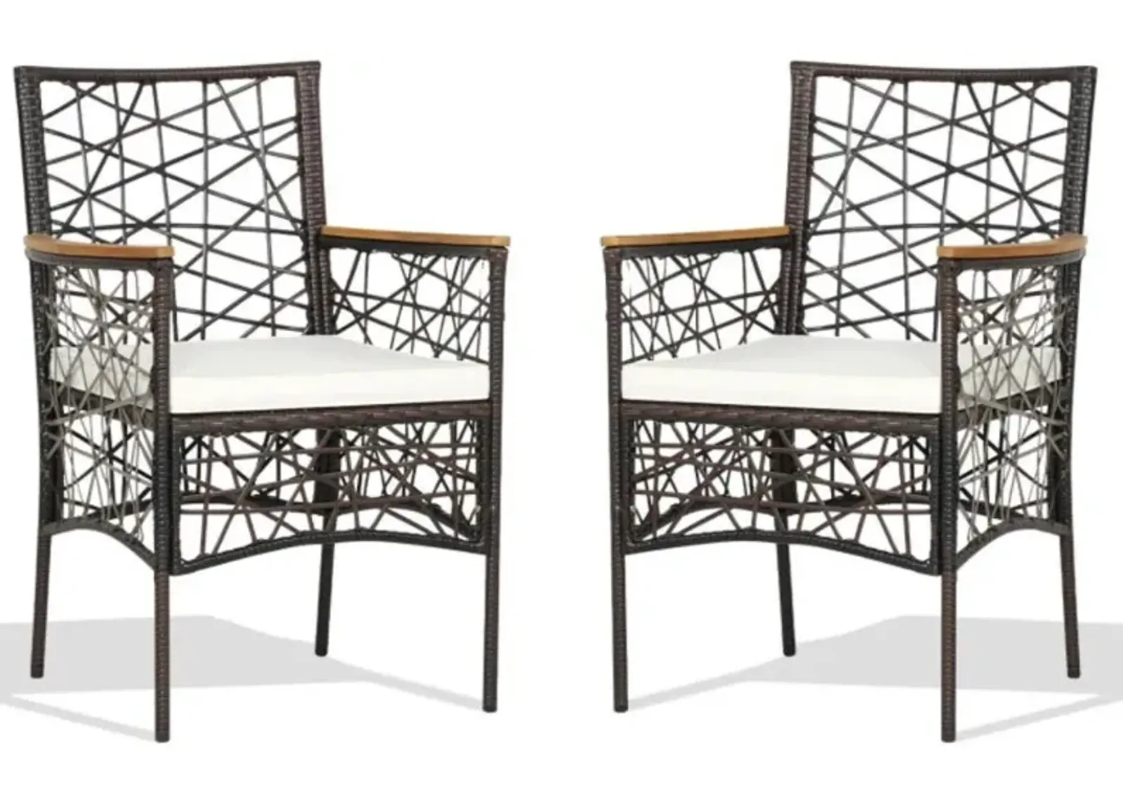 Hivvago 2 Pieces PE Wicker Patio Bistro Dining Chairs with Acacia Wood Armrests and Cushions