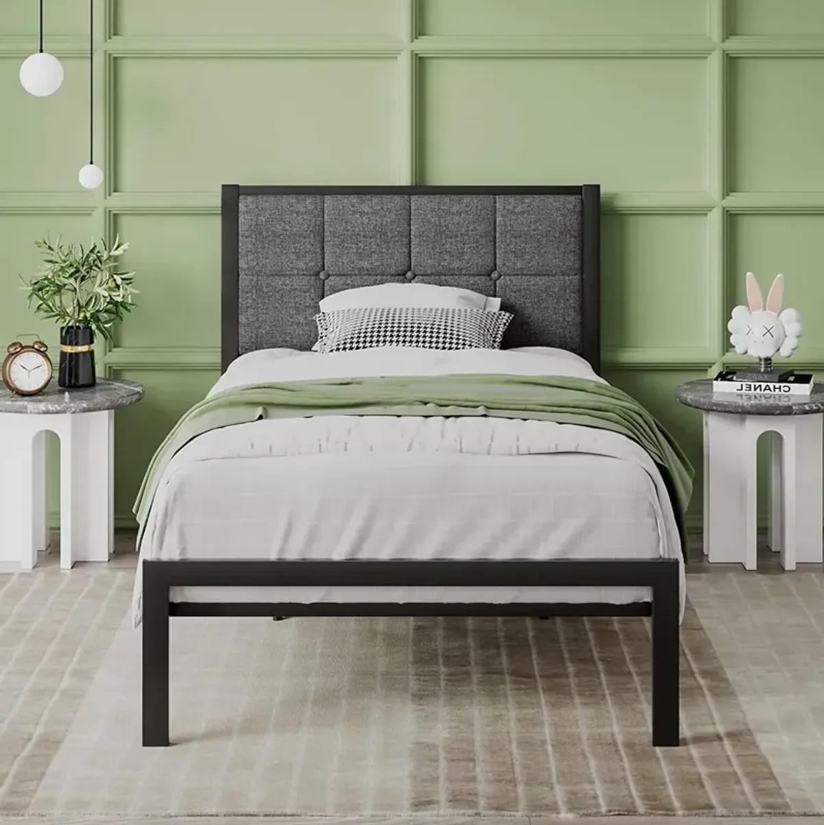 Hivvago Twin Metal Platform Bed Frame with Gray Button Tufted Upholstered Headboard