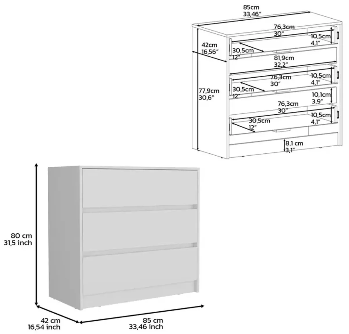 DEPOT E-SHOP Palmer 3 Drawers Dresser, Chest of Drawers, White