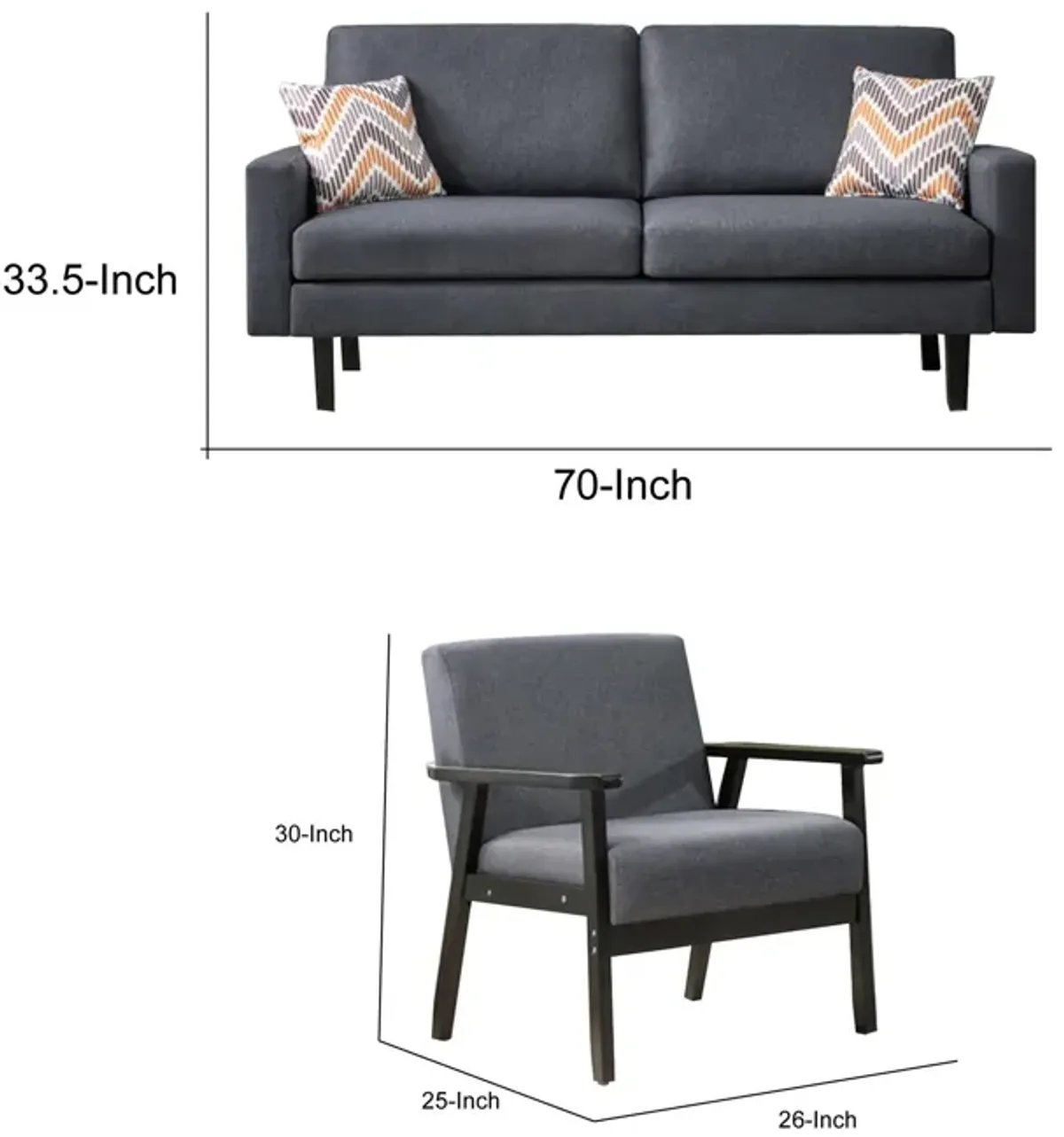 Gala 3 Piece Sofa and Chairs Set, Gray Fabric, 2 Pillows, Black Wood Frame-Benzara