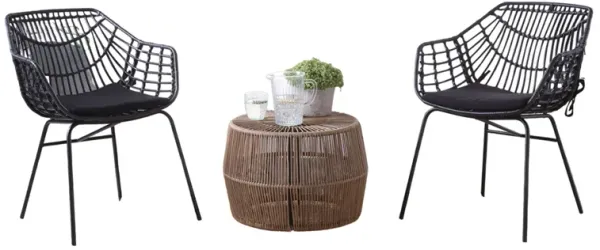 Zyan 3pc Outdoor Set, 2 Accent Chairs with Table, Black Steel, Brown Rattan