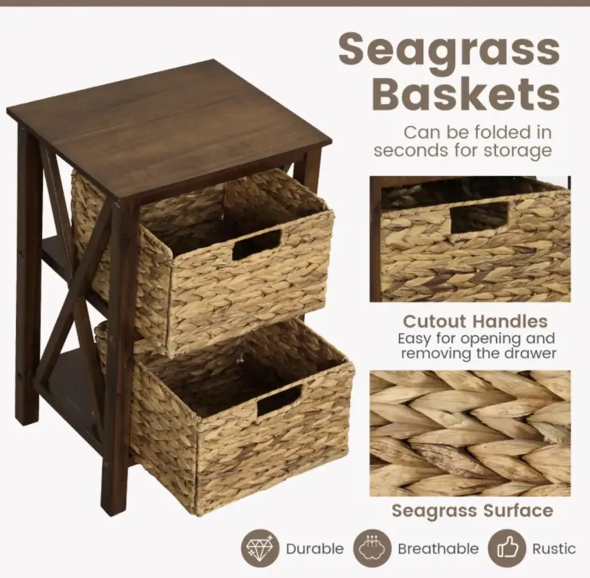 Hivvago Nightstand with Seagrass Baskets Narrow X-Design