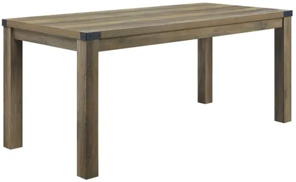 Eli 71 Inch Dining Table, Distressed Rustic Gray, Industrial Metal Rivets - Benzara
