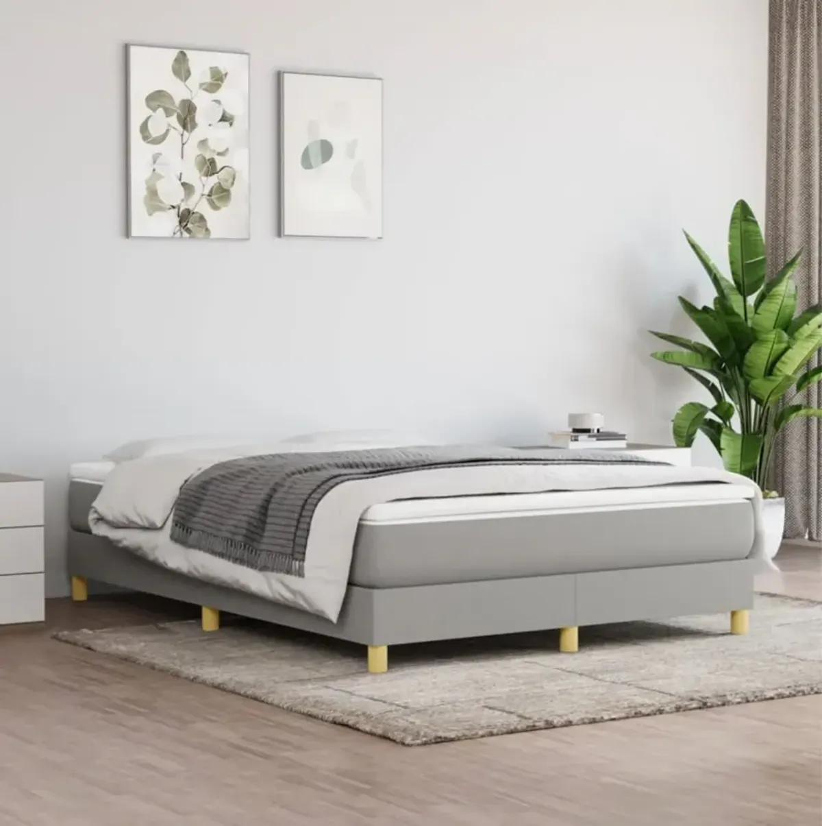 vidaXL Light Gray Box Spring Bed Frame for Queen Mattress, Fabric Upholstered and Wood Constructed Modern Style Bed Frame