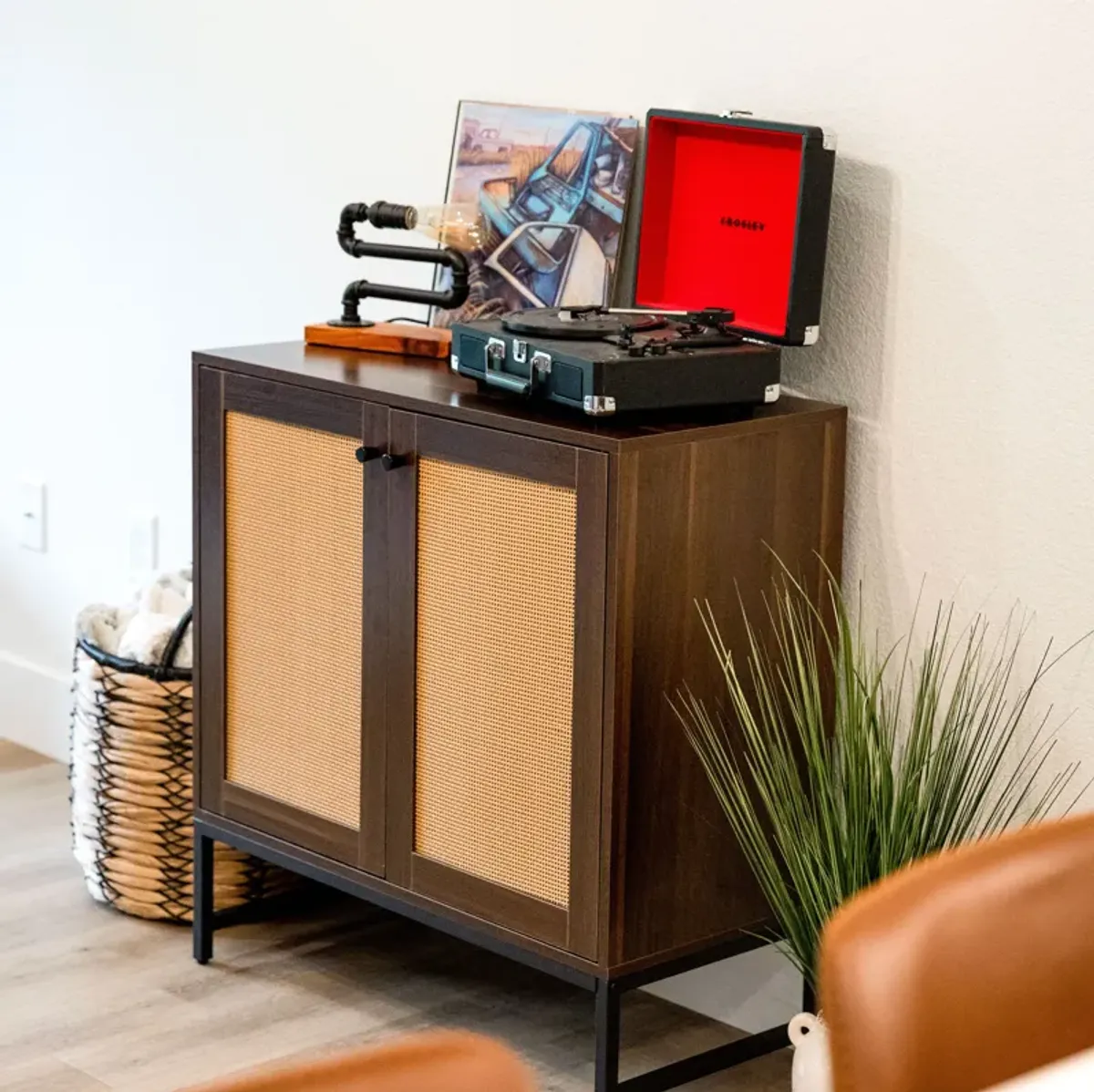 2-Door MDF Accent Cabinet with Shelf and Rattan Doors