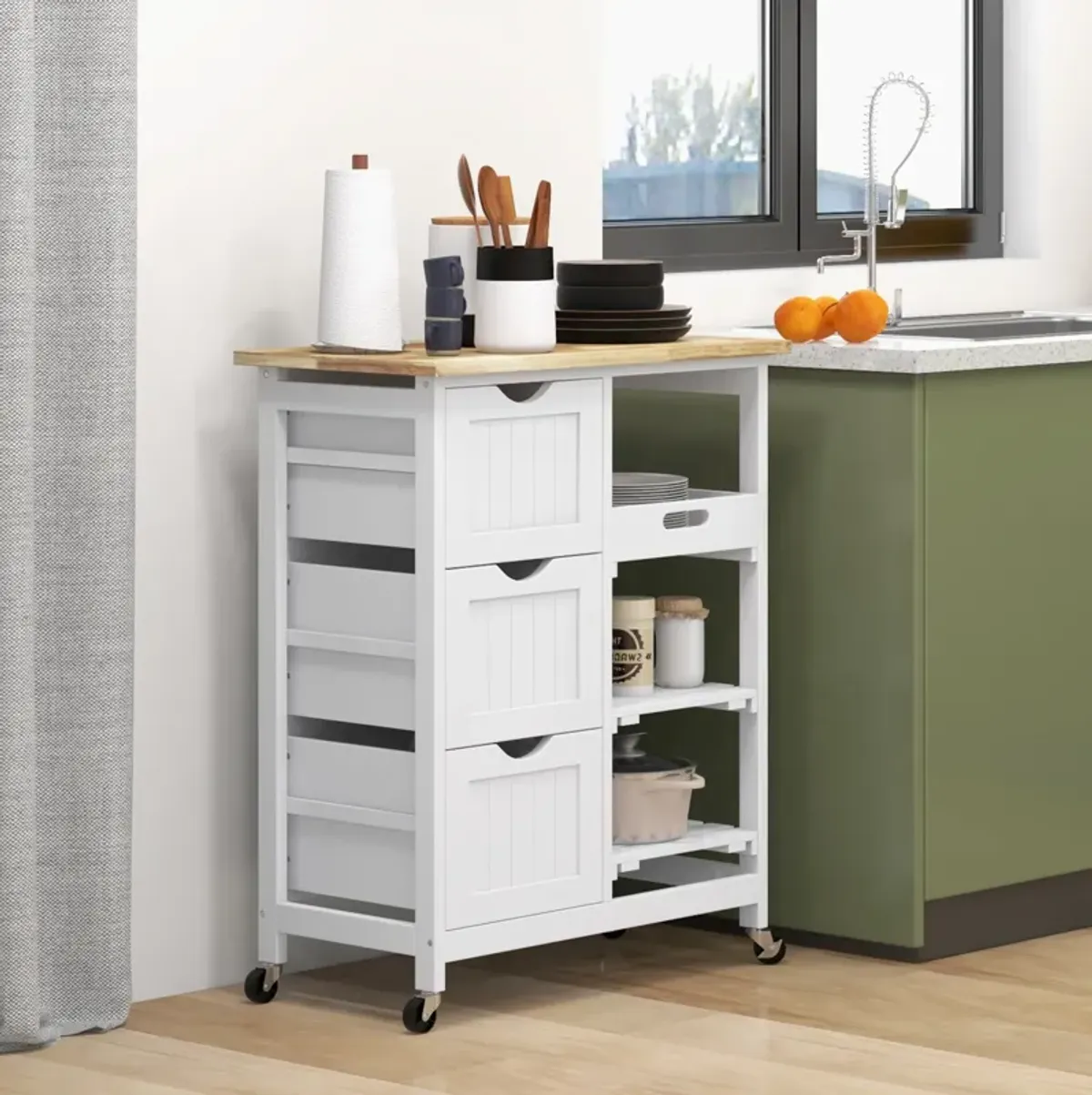 White Rolling Kitchen Island: Wood Top, Shelves, Drawers