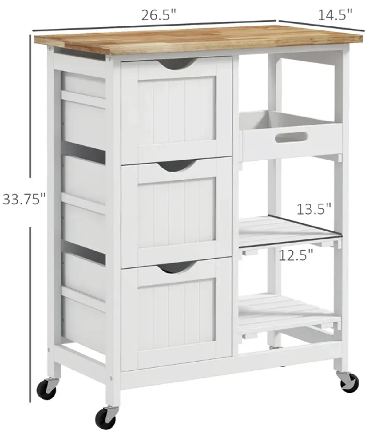 White Rolling Kitchen Island: Wood Top, Shelves, Drawers