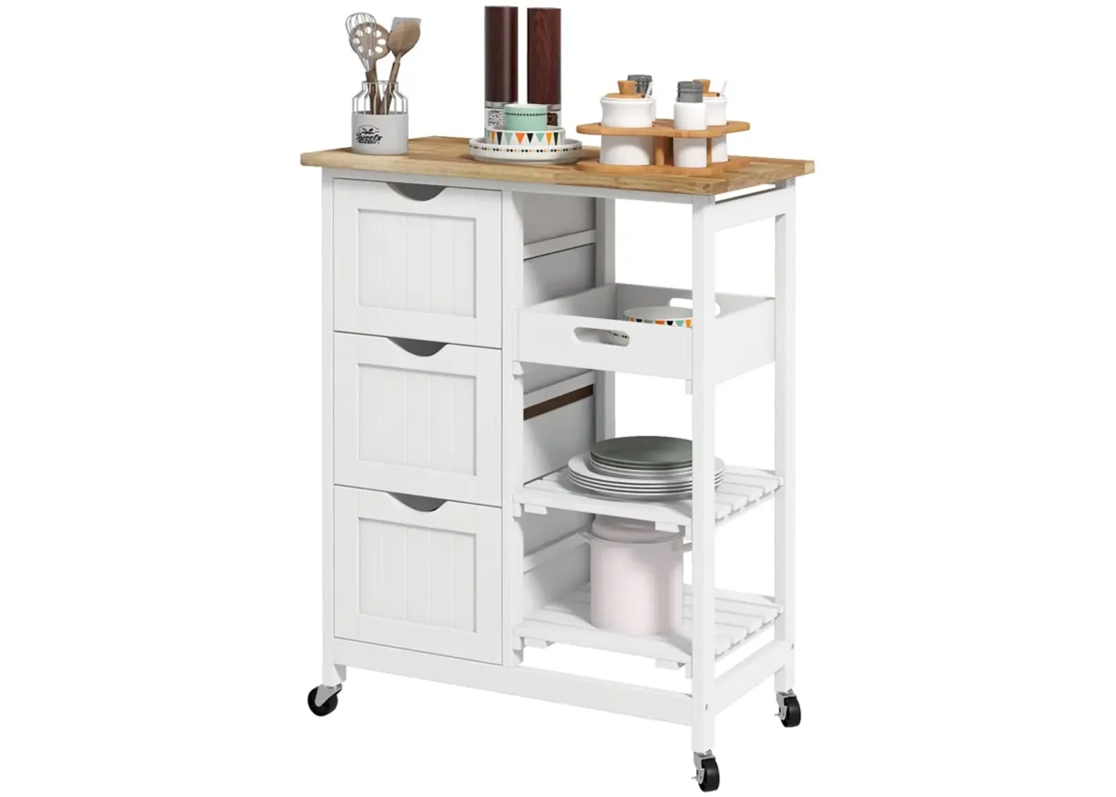 White Rolling Kitchen Island: Wood Top, Shelves, Drawers