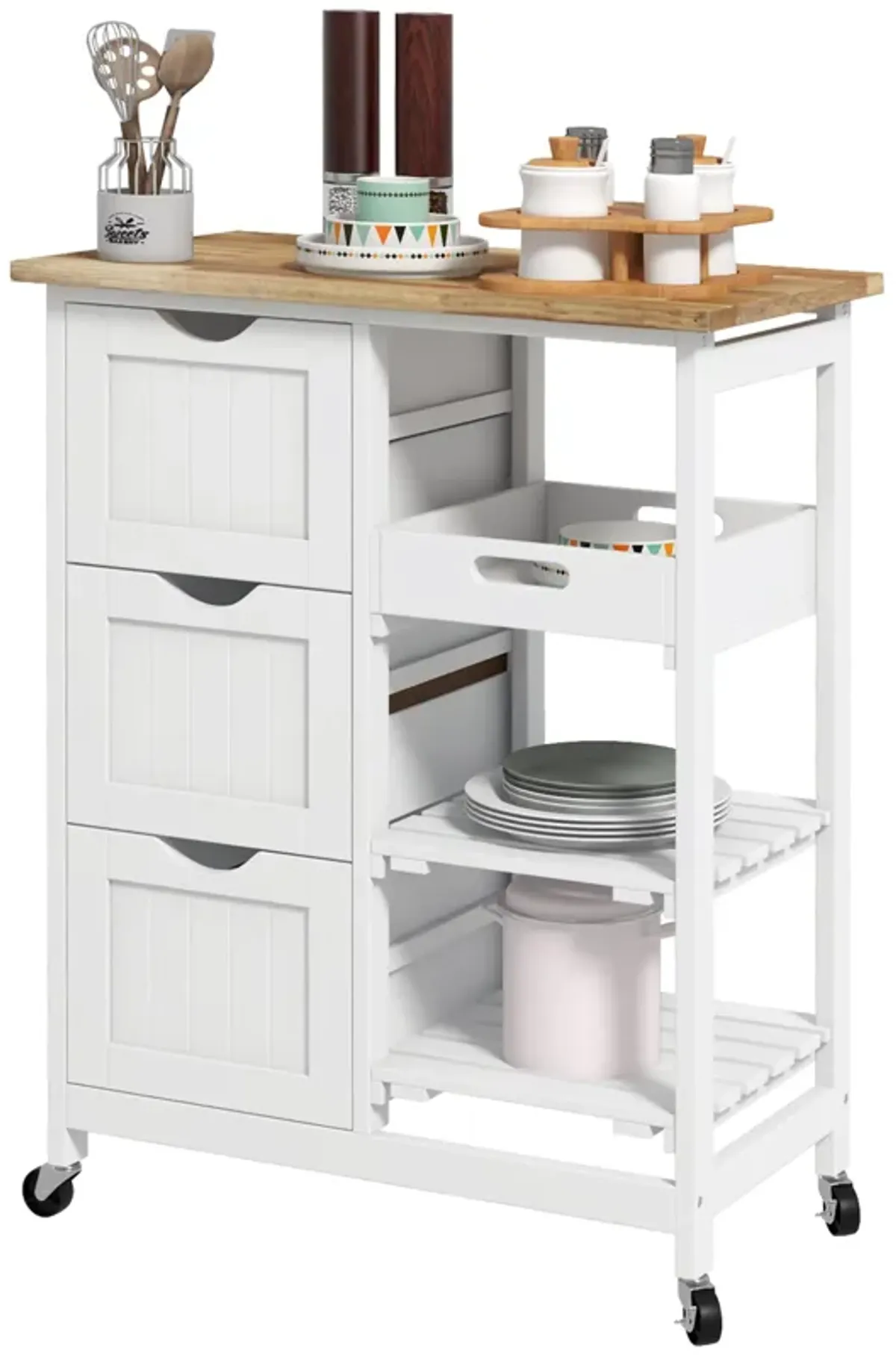 White Rolling Kitchen Island: Wood Top, Shelves, Drawers