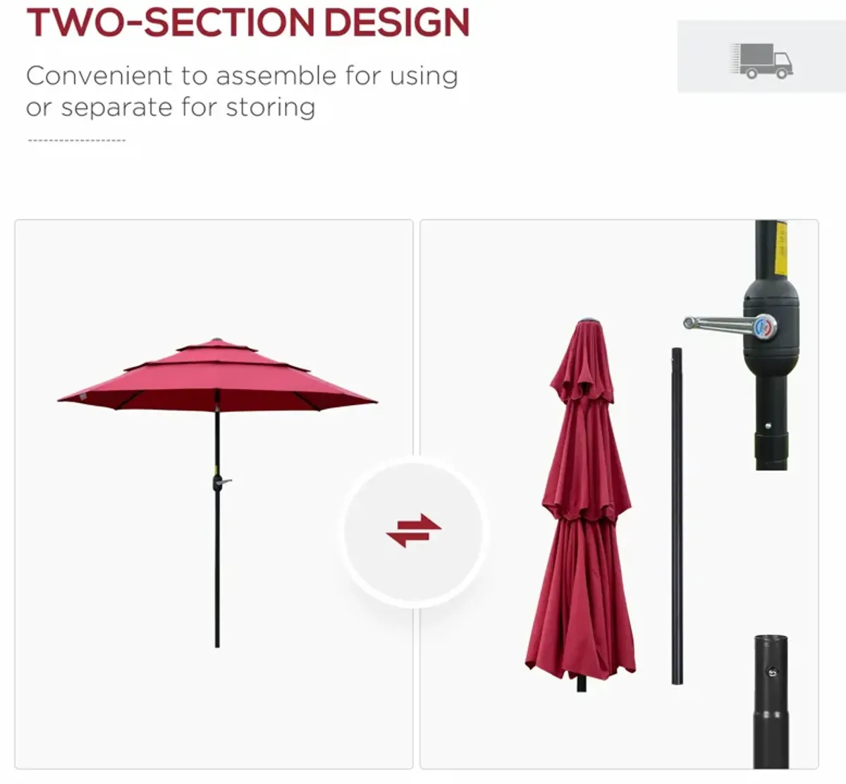 Wine Red Sun Shield: 9' 3-Tier Patio Umbrella with Crank Tilt