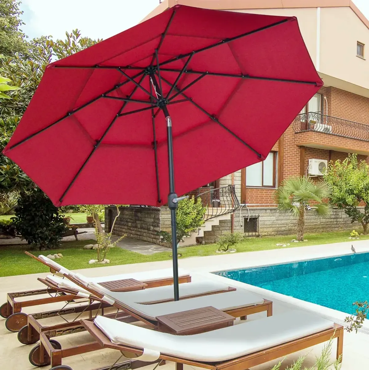 Wine Red Sun Shield: 9' 3-Tier Patio Umbrella with Crank Tilt