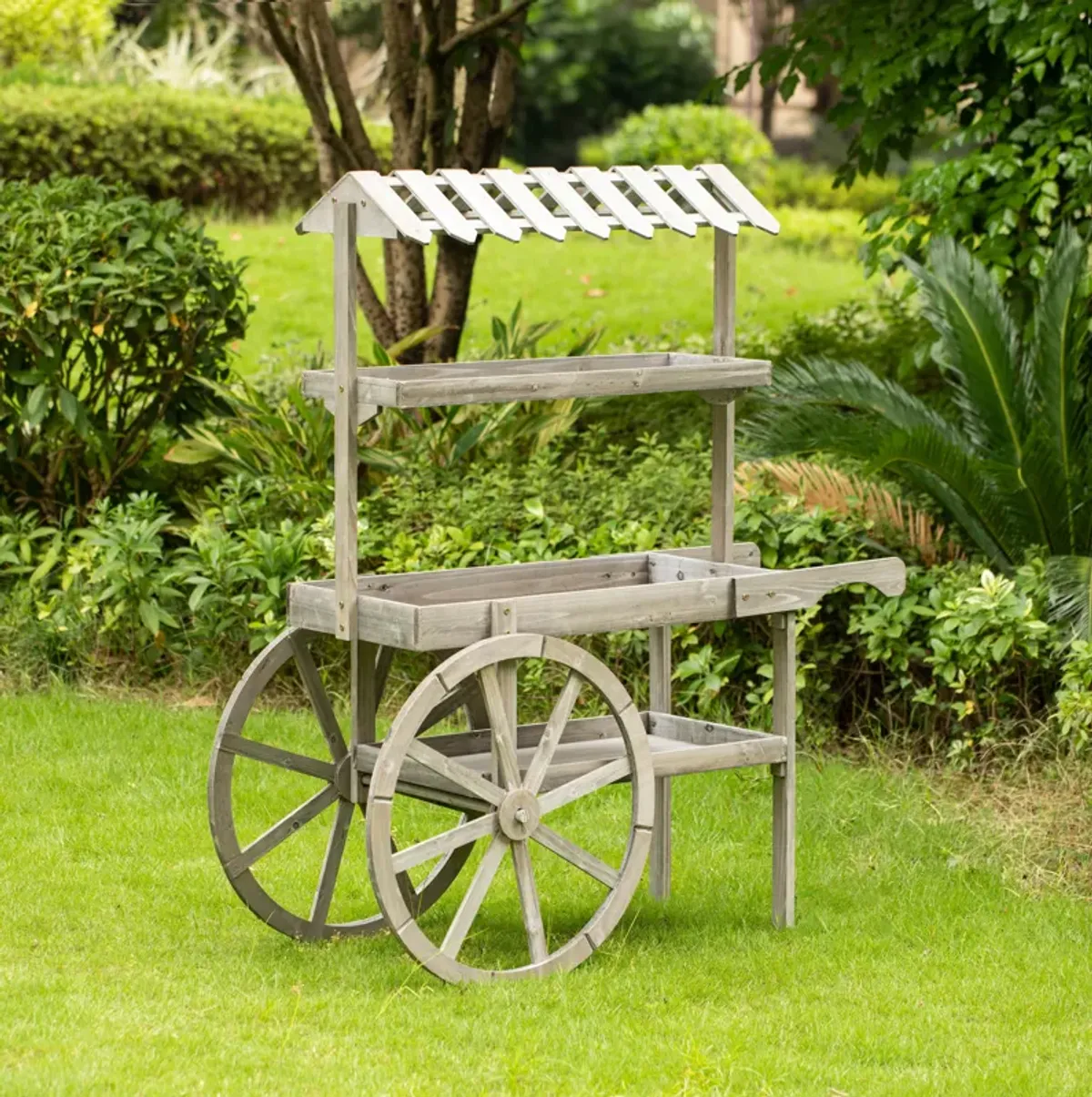 Antique Rustic Solid Wood decor Display Rack Cart Wood Plant Stand 3 Tier with Wheels for Display, Wood Wagon with Shelves for Plants and More