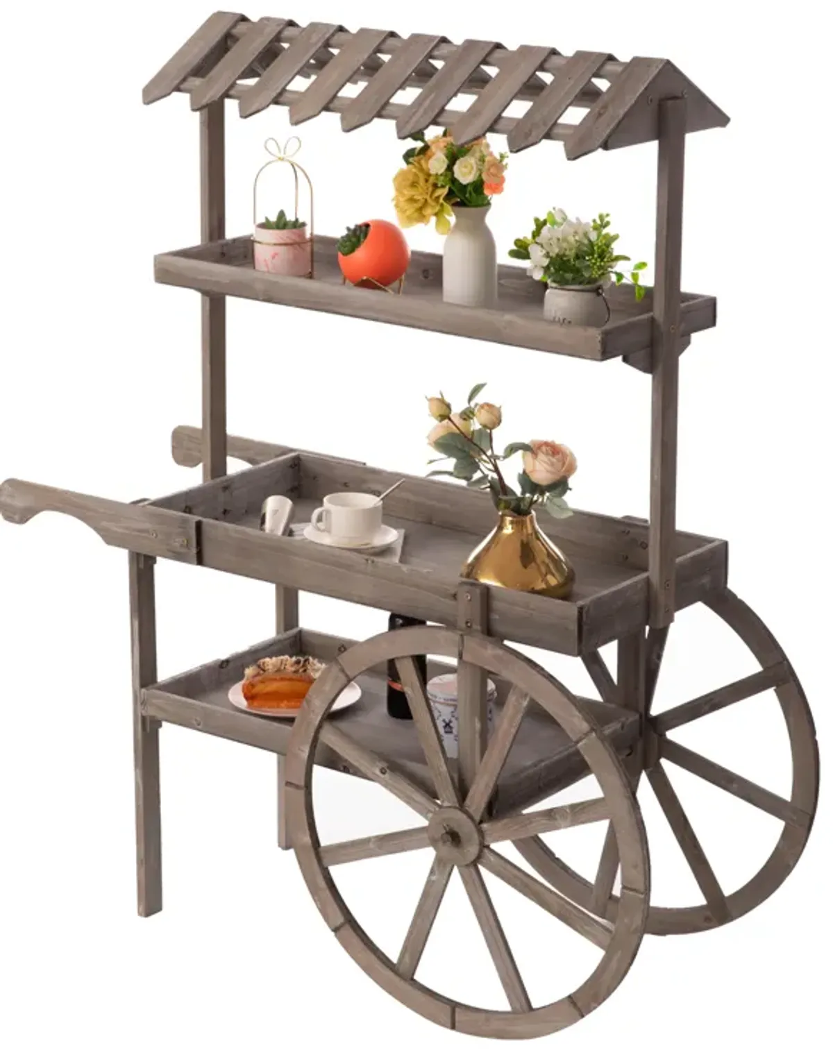 Antique Rustic Solid Wood decor Display Rack Cart Wood Plant Stand 3 Tier with Wheels for Display, Wood Wagon with Shelves for Plants and More