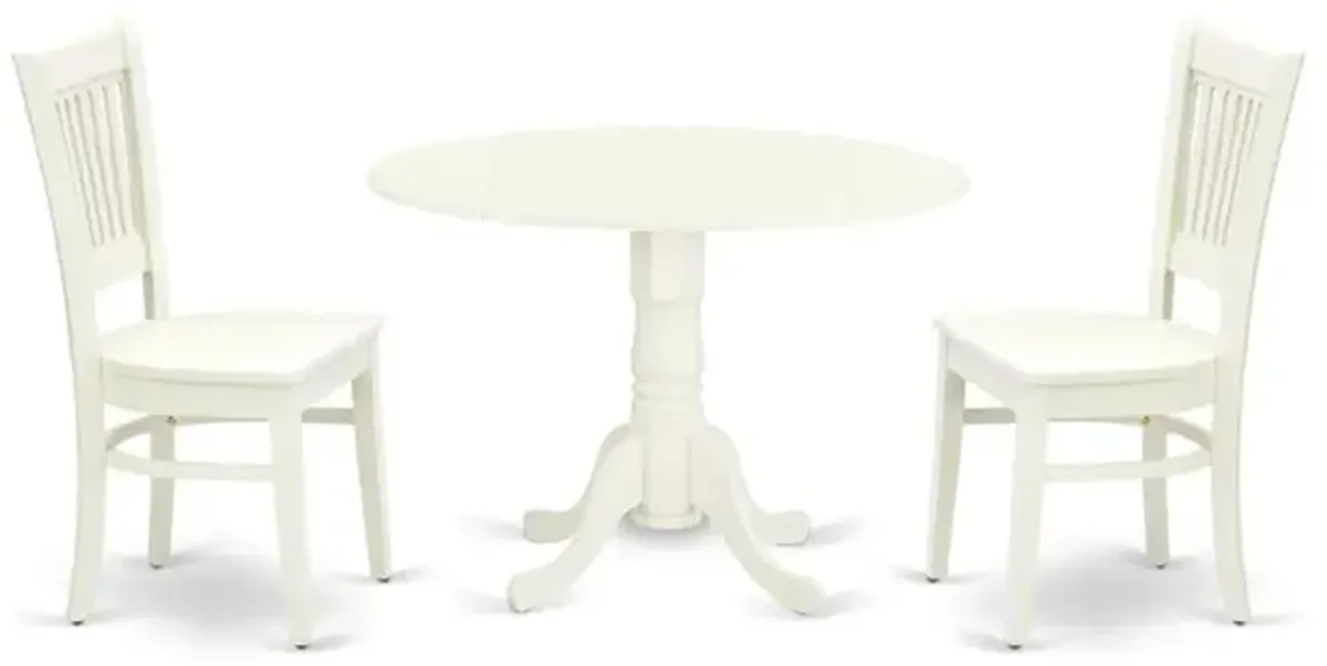 East West Furniture - DLVA3-LWH-W - 3-Piece Dining Table Set- 2 Kitchen Chairs with Wooden Seat and Slatted Chair Back - Drop Leaves Dining Table - Linen White Finish