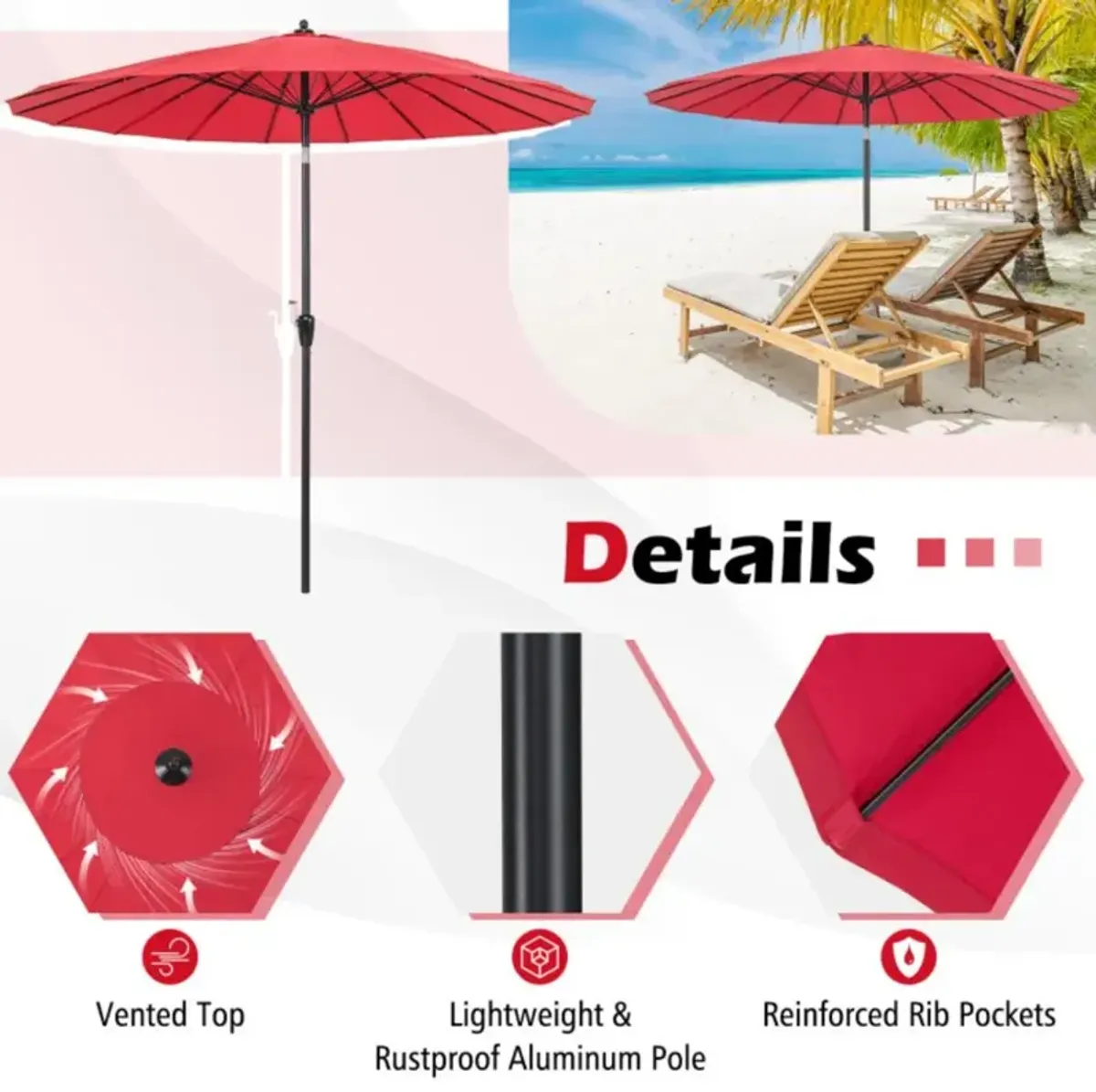 Hivvago 9 Feet Round Patio Umbrella with 18 Fiberglass Ribs