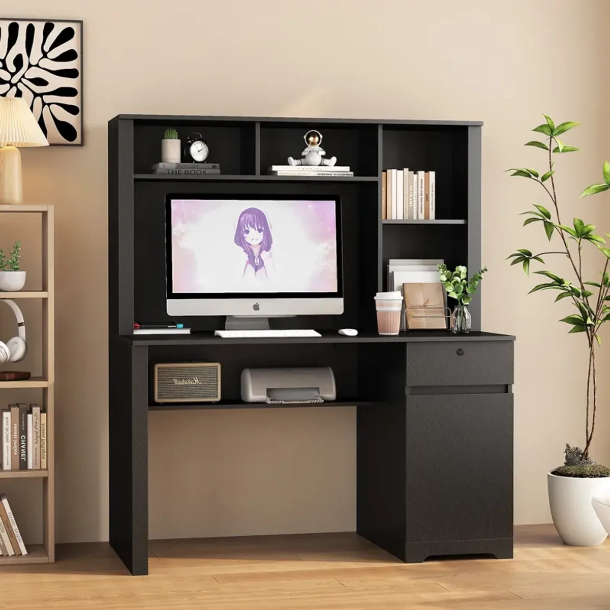 Multi-functional Home Office Work Desk with Storage, Charger, and Lockable Drawer