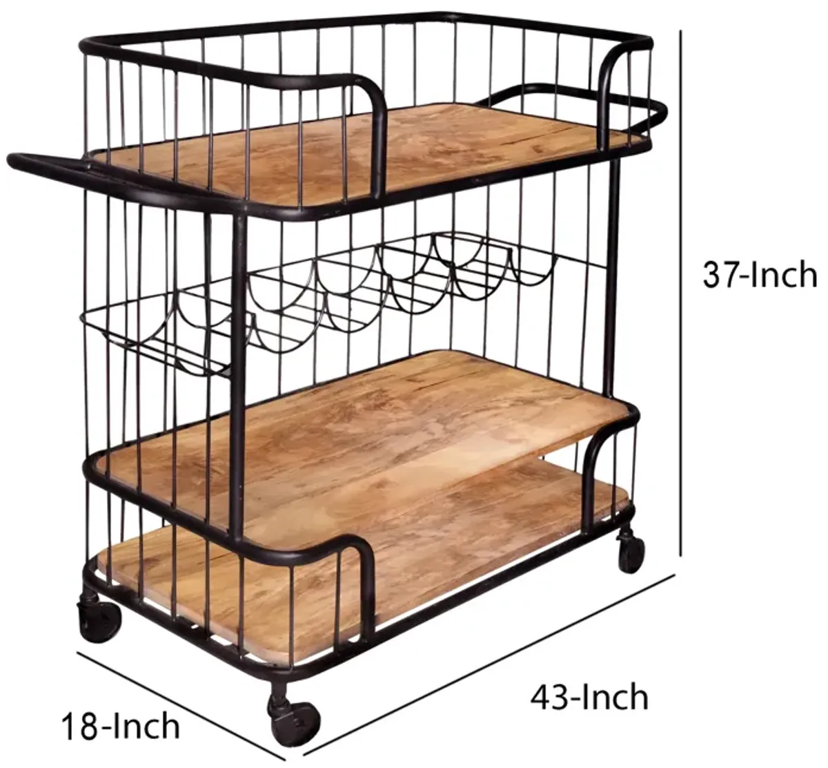 Metal Frame Bar Cart with Wooden Top and 2 Shelves, Black and Brown - Benzara