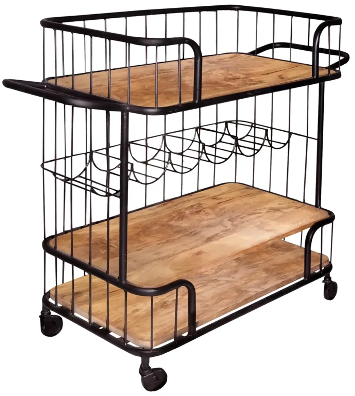 Metal Frame Bar Cart with Wooden Top and 2 Shelves, Black and Brown - Benzara