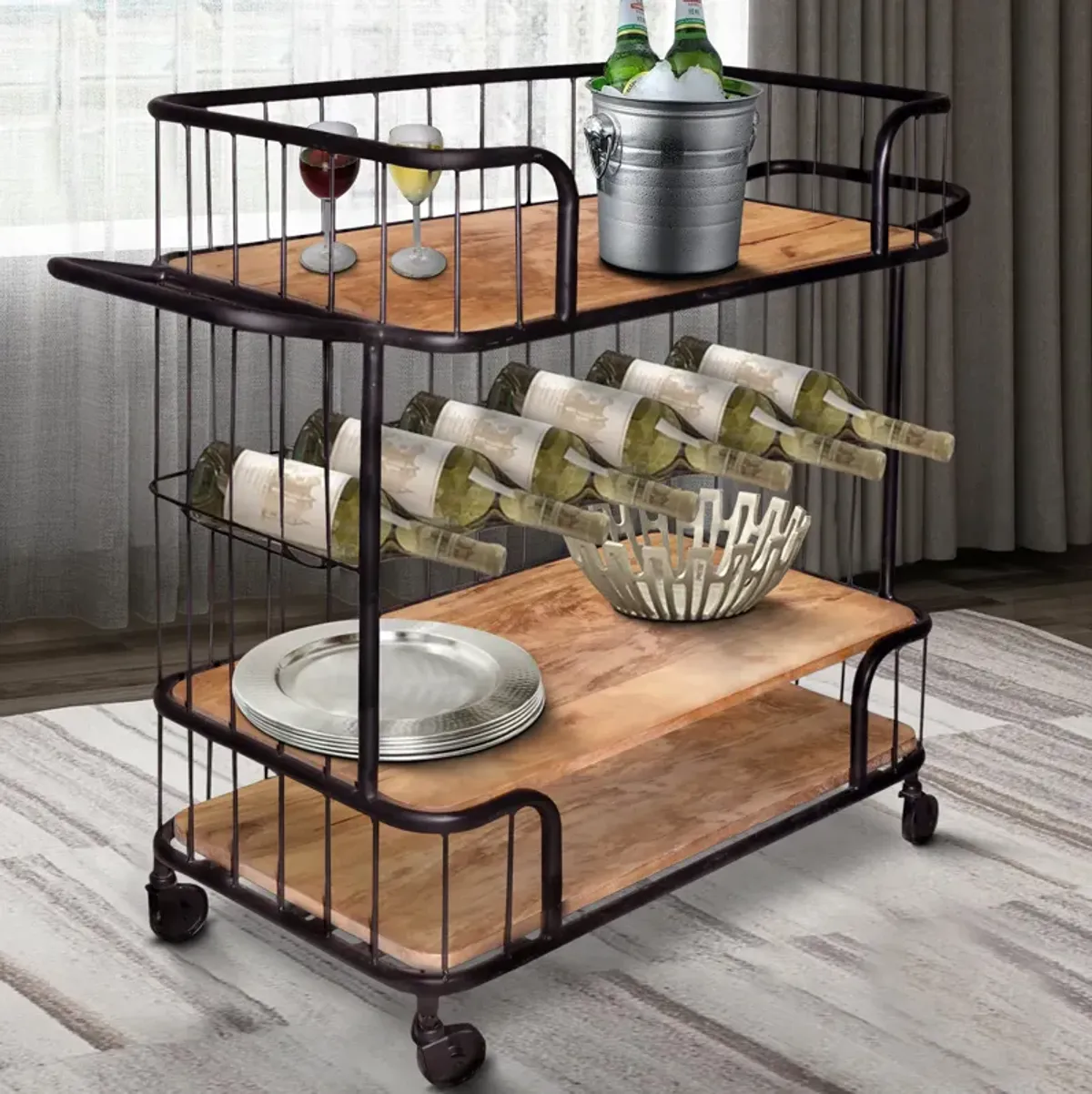 Metal Frame Bar Cart with Wooden Top and 2 Shelves, Black and Brown - Benzara