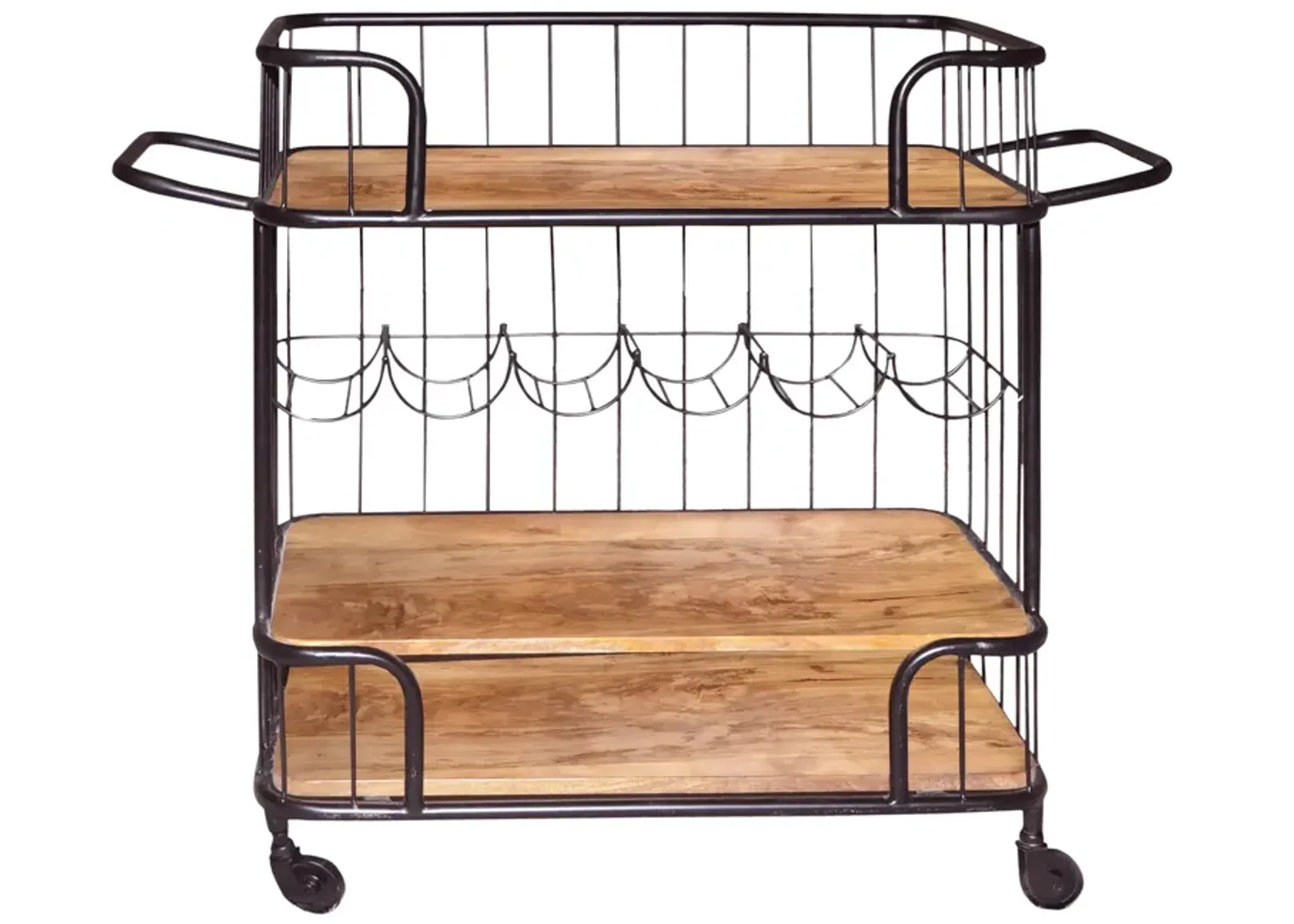 Metal Frame Bar Cart with Wooden Top and 2 Shelves, Black and Brown - Benzara