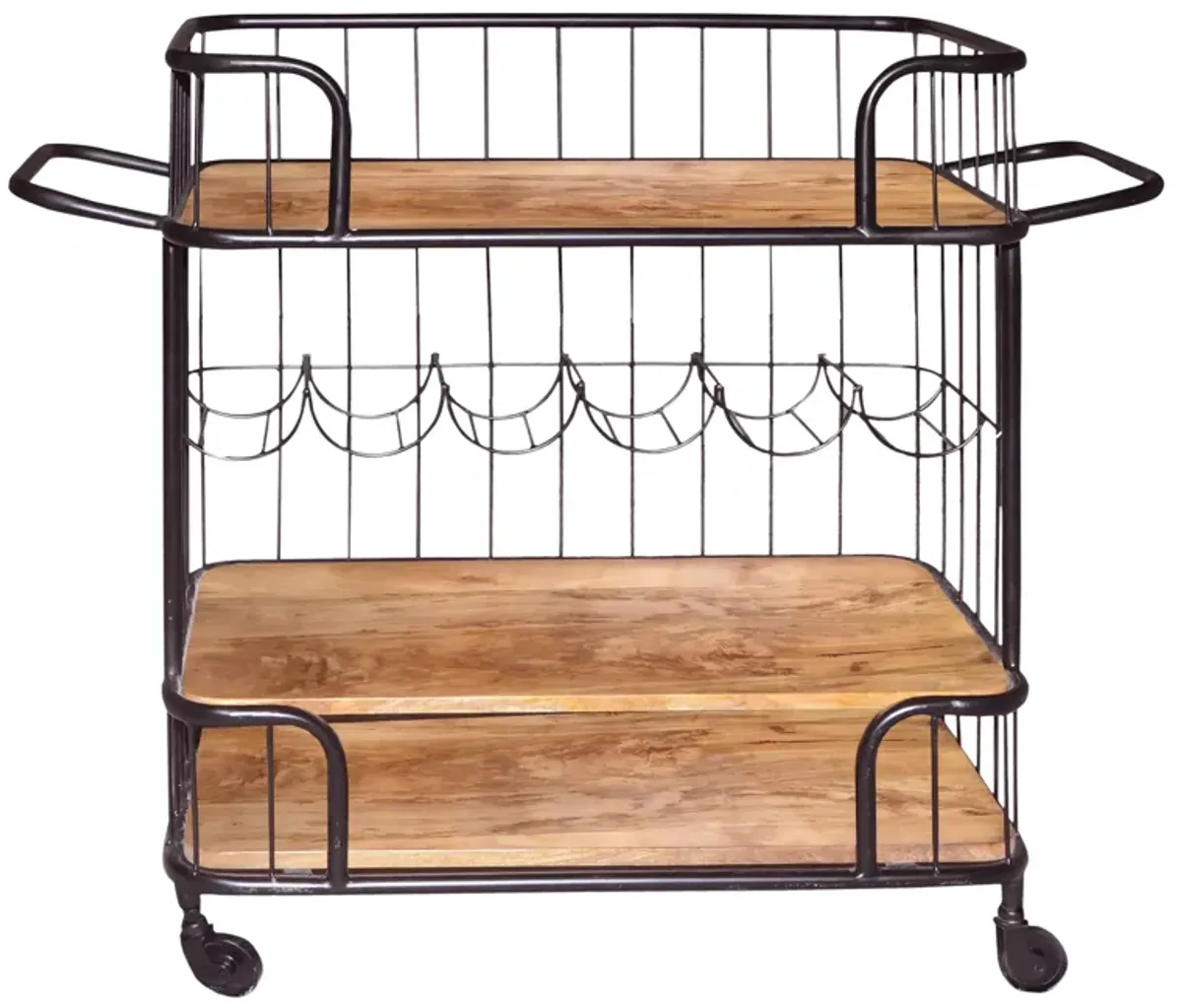 Metal Frame Bar Cart with Wooden Top and 2 Shelves, Black and Brown - Benzara