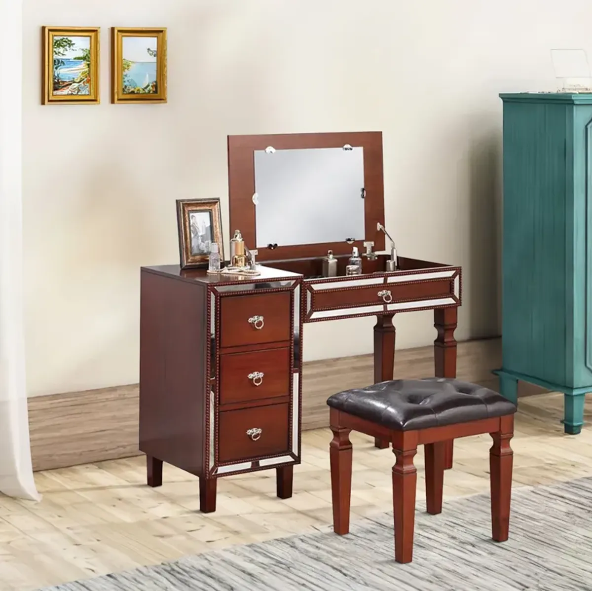 Sosi 47 Inch Vanity Desk Set with Stool, 3 Mirror Inlaid Drawers, Brown-Benzara