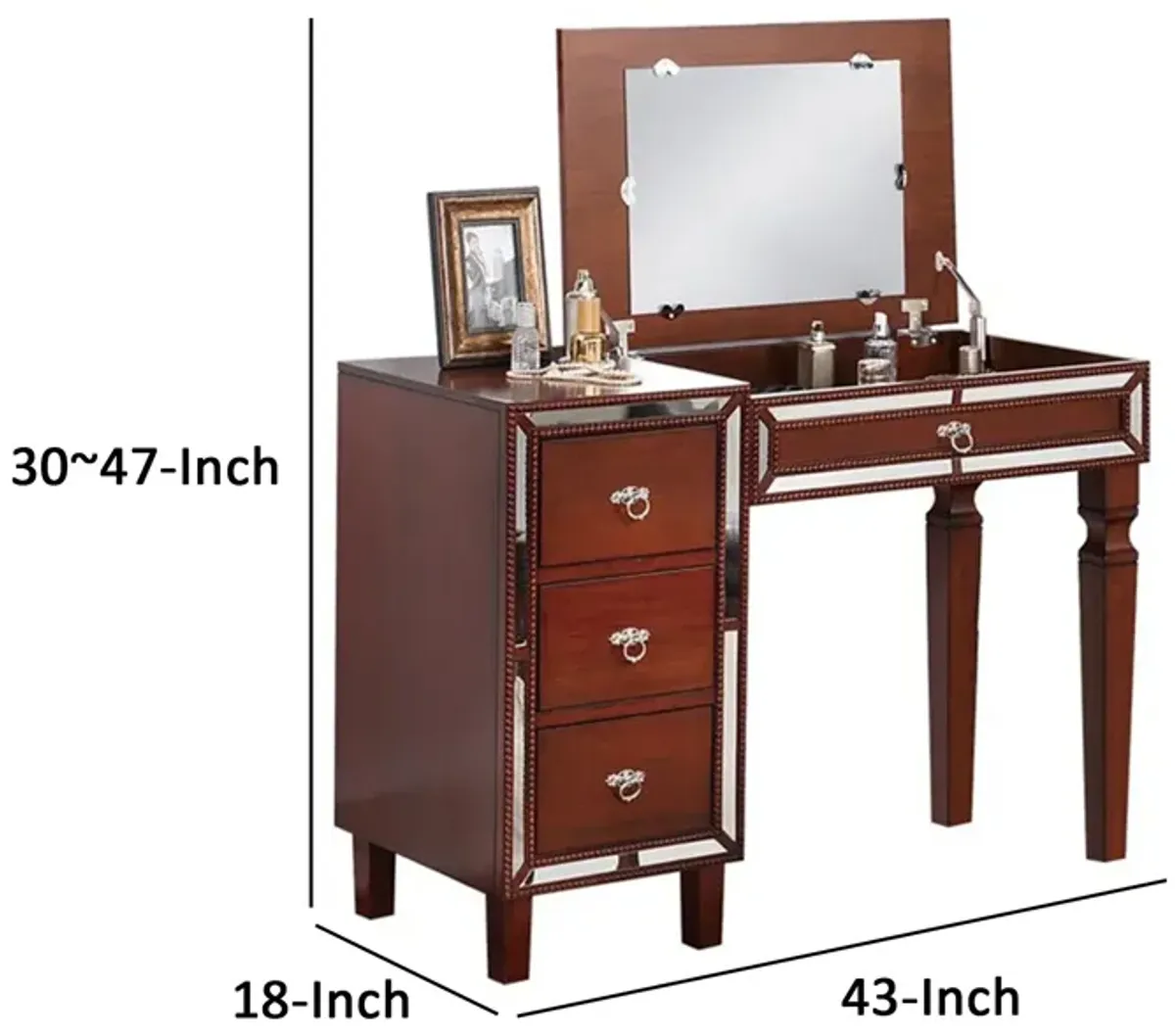 Sosi 47 Inch Vanity Desk Set with Stool, 3 Mirror Inlaid Drawers, Brown-Benzara