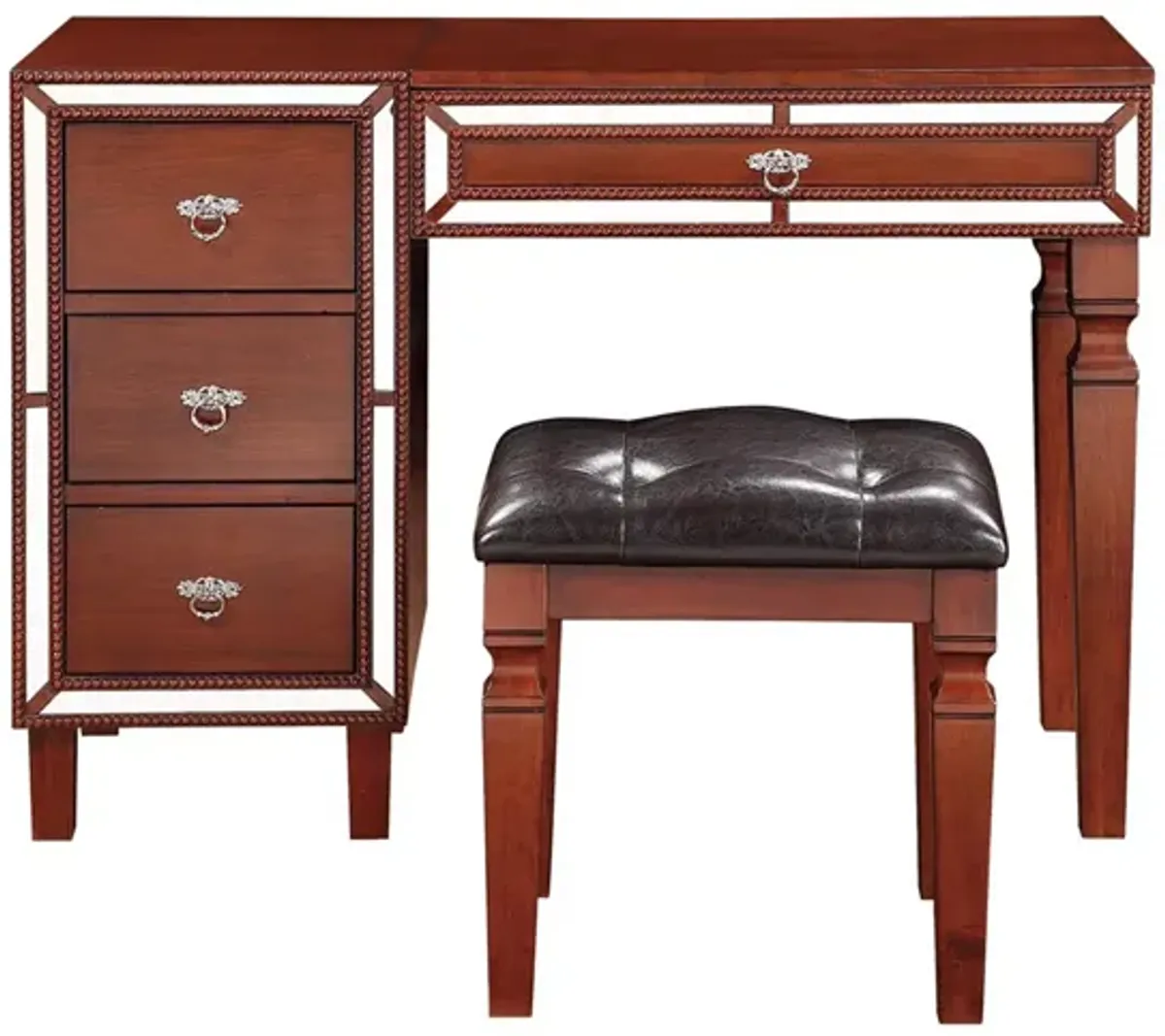 Sosi 47 Inch Vanity Desk Set with Stool, 3 Mirror Inlaid Drawers, Brown-Benzara