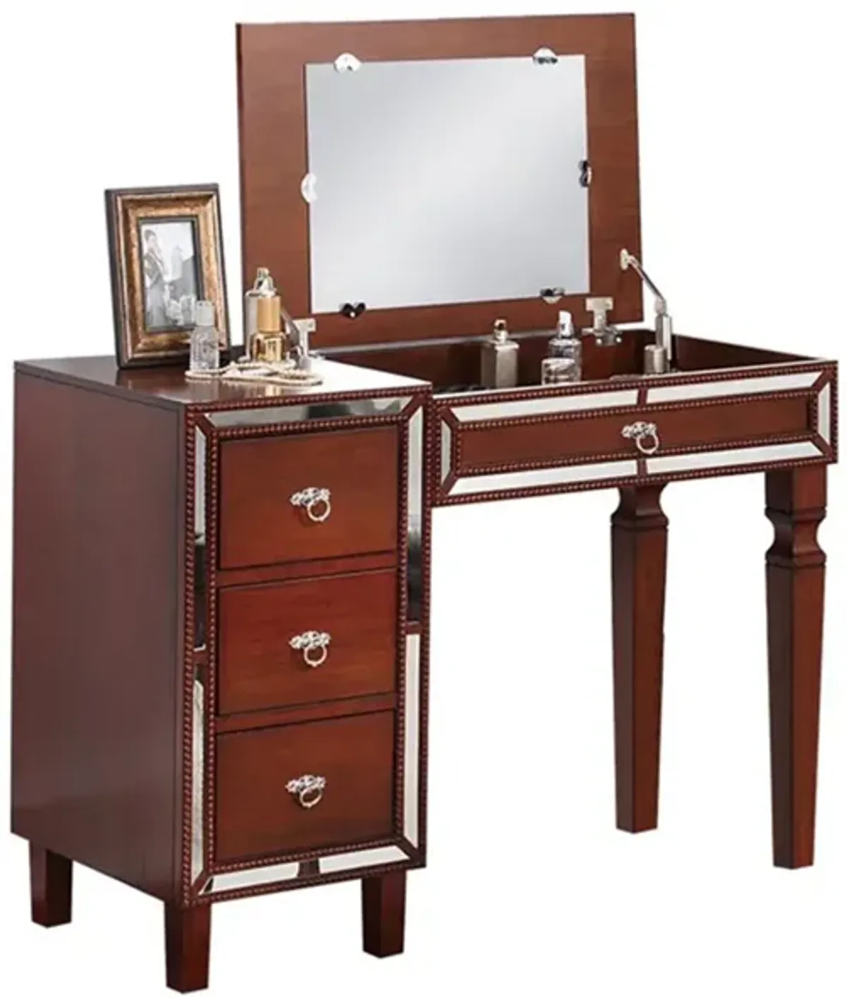 Sosi 47 Inch Vanity Desk Set with Stool, 3 Mirror Inlaid Drawers, Brown-Benzara