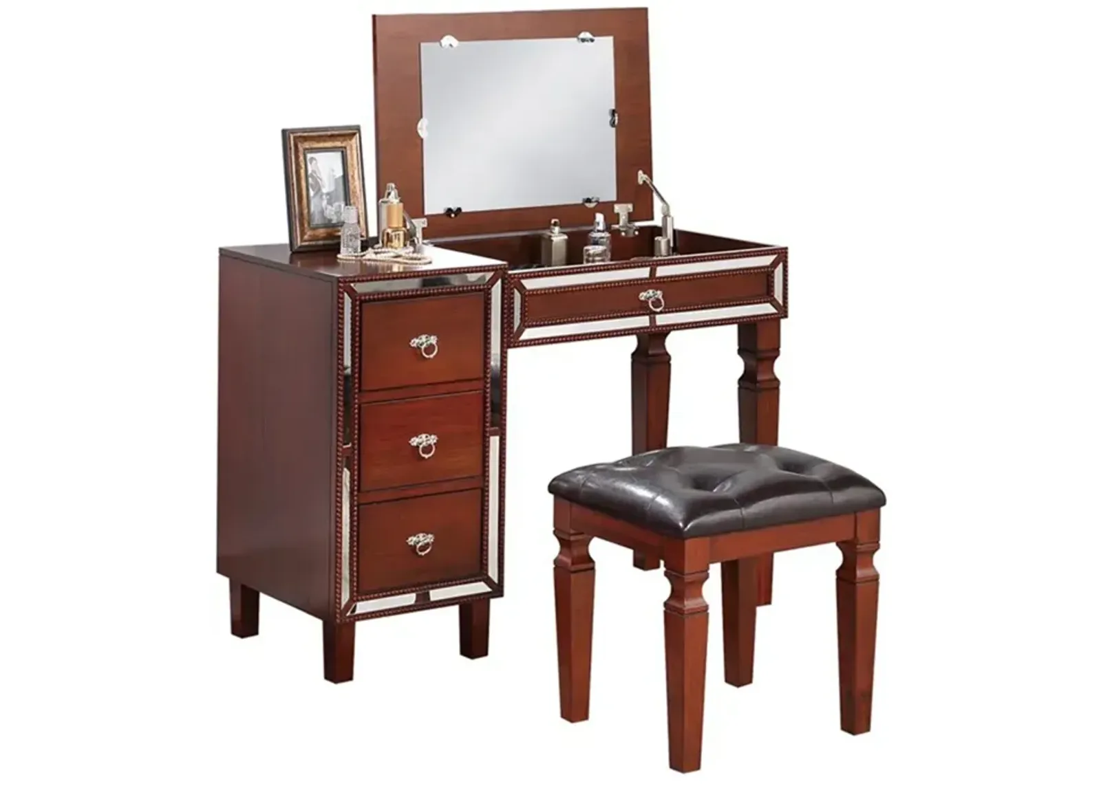 Sosi 47 Inch Vanity Desk Set with Stool, 3 Mirror Inlaid Drawers, Brown-Benzara