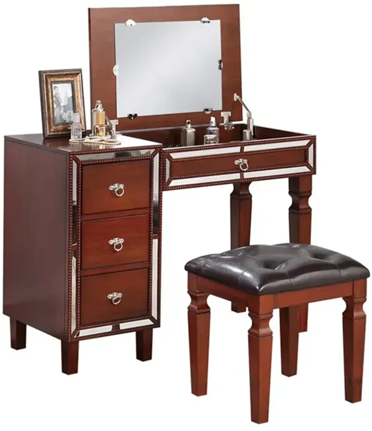 Sosi 47 Inch Vanity Desk Set with Stool, 3 Mirror Inlaid Drawers, Brown-Benzara