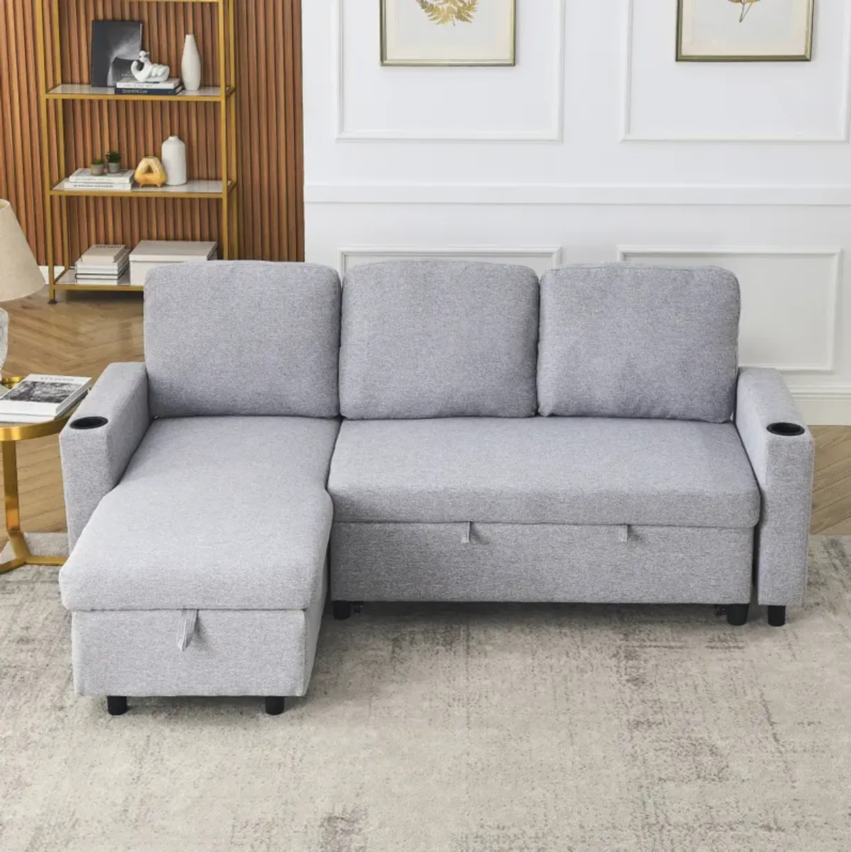 Linen L-Shaped Reversible Sofa Bed for Tight Spaces