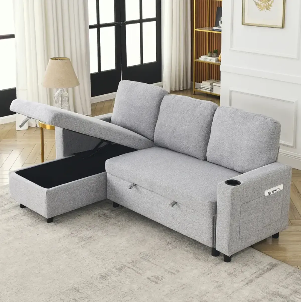 Linen L-Shaped Reversible Sofa Bed for Tight Spaces