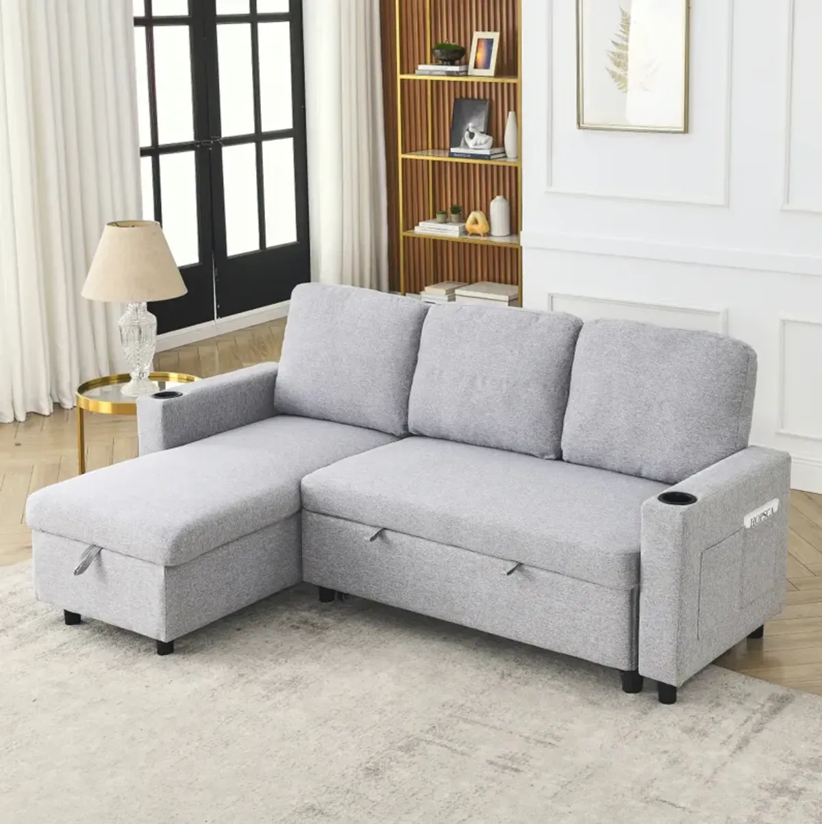 Linen L-Shaped Reversible Sofa Bed for Tight Spaces