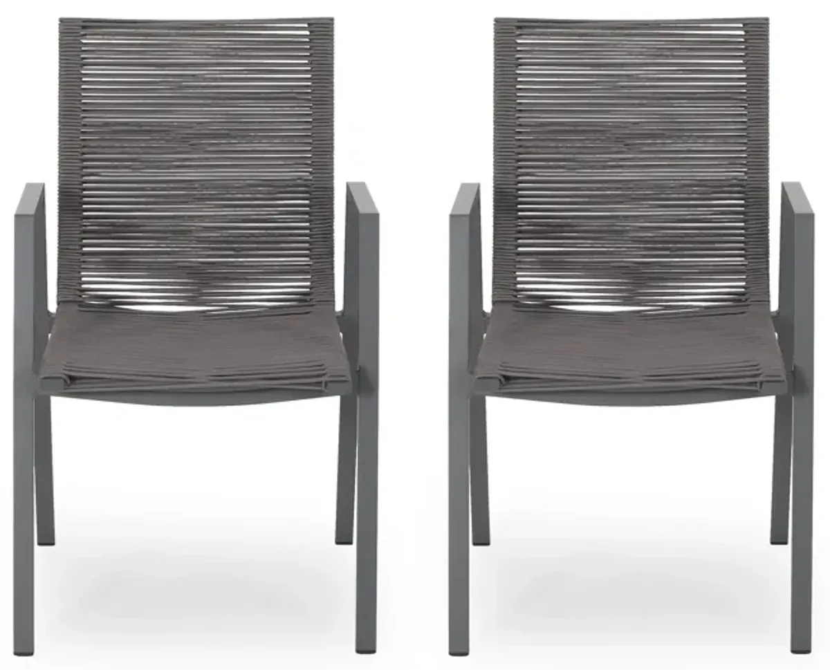 Teny Outdoor Dining Chair Set of 2, Dark Gray Metal. Woven Rope Seat Back - Benzara