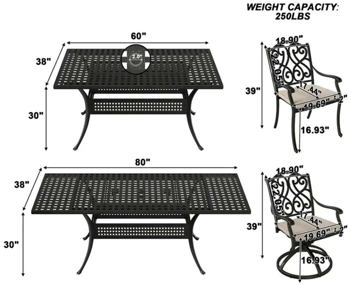 Mondawe 7-Piece Cast Aluminum Outdoor Dining Set with 1 Rectangle Extendable Table 4 Dining Chairs 2 Swivel Rockers with Cushion