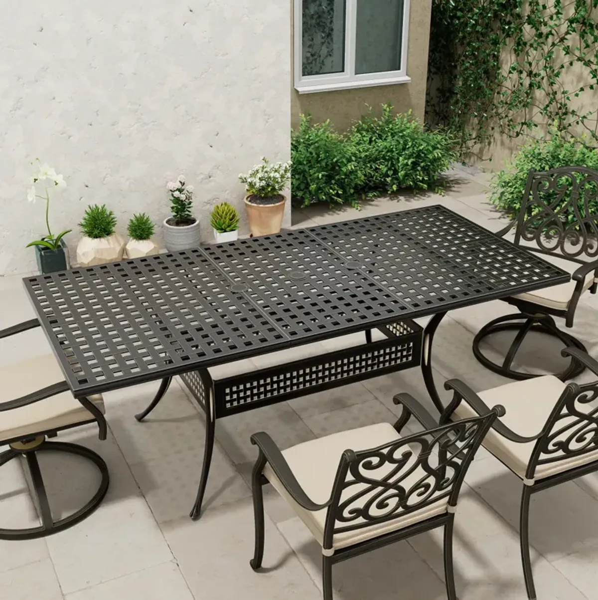 Mondawe 7-Piece Cast Aluminum Outdoor Dining Set with 1 Rectangle Extendable Table 4 Dining Chairs 2 Swivel Rockers with Cushion