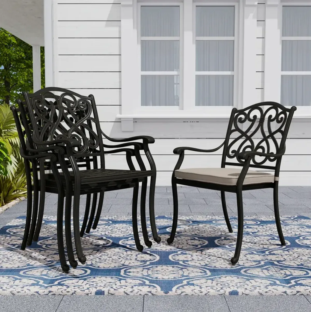 Mondawe 7-Piece Cast Aluminum Outdoor Dining Set with 1 Rectangle Extendable Table 4 Dining Chairs 2 Swivel Rockers with Cushion