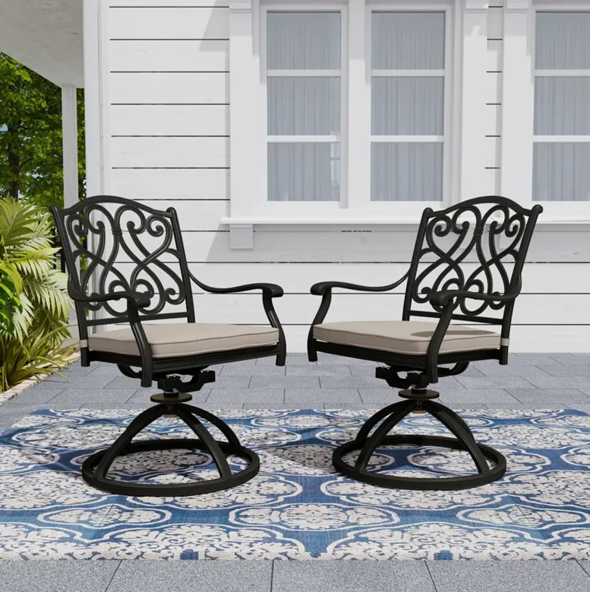 Mondawe 7-Piece Cast Aluminum Outdoor Dining Set with 1 Rectangle Extendable Table 4 Dining Chairs 2 Swivel Rockers with Cushion