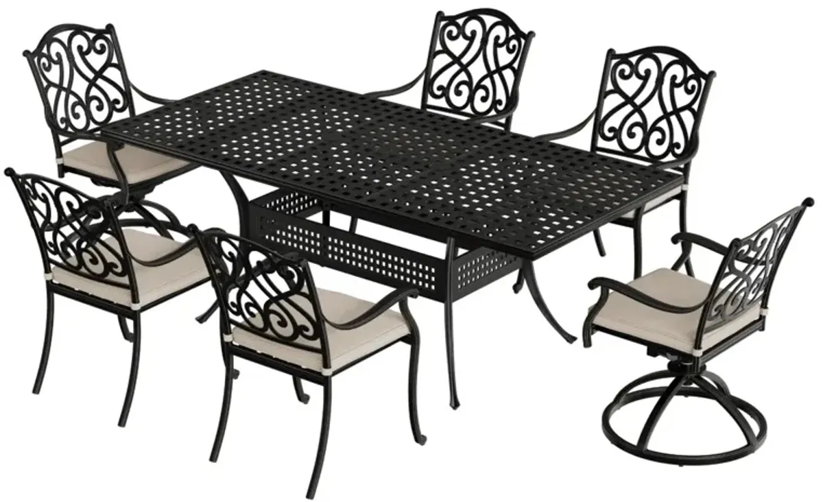 Mondawe 7-Piece Cast Aluminum Outdoor Dining Set with 1 Rectangle Extendable Table 4 Dining Chairs 2 Swivel Rockers with Cushion