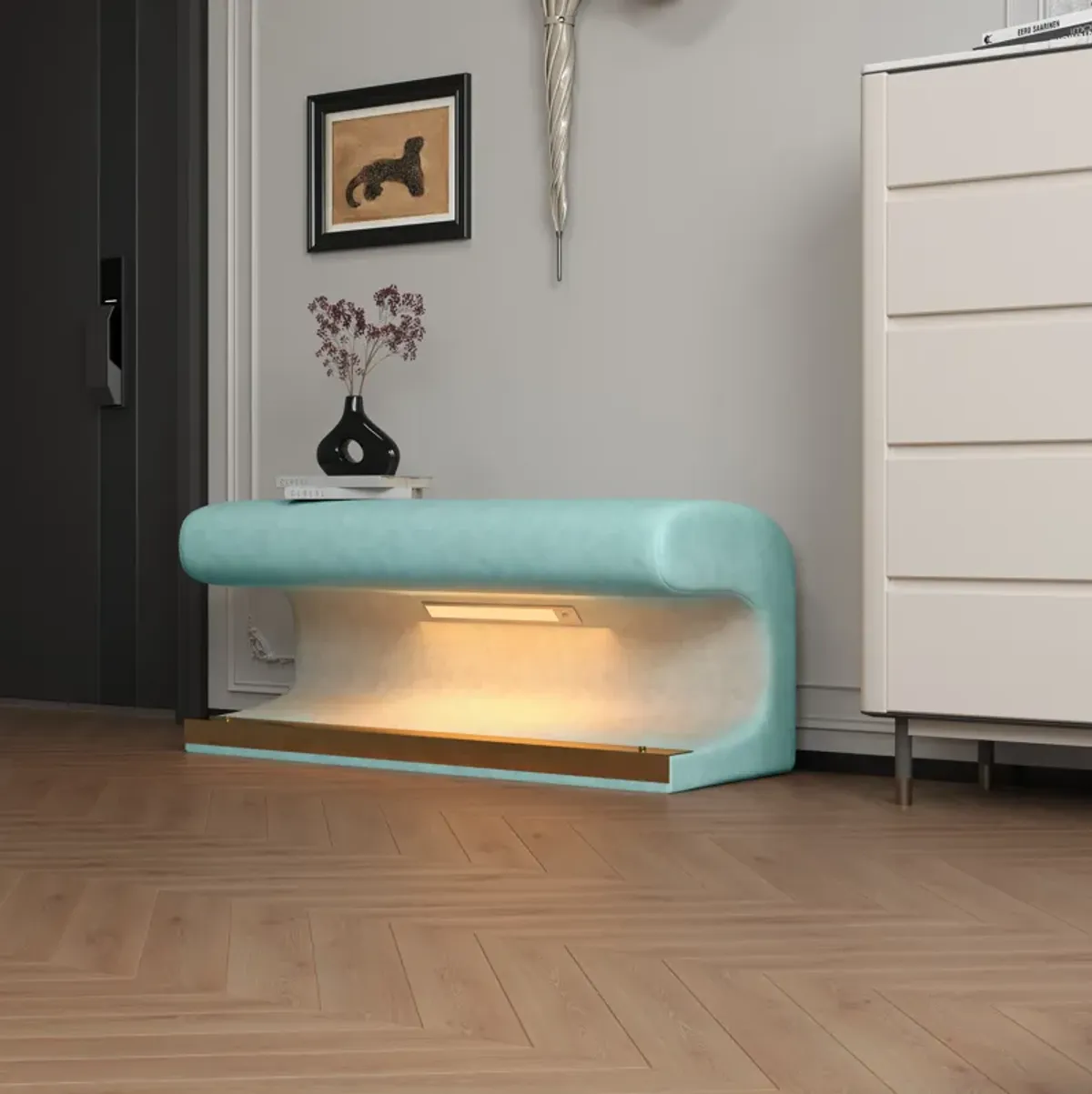 Merax Entryway Bench Upholstered Ottoman with LED Sensor Light